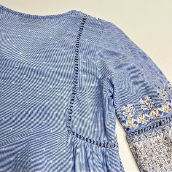 Rungolee Boho Blue Chambray Cottagecore Embroidered Bell Sleeve Tassel Dress - Picture 12 of 17